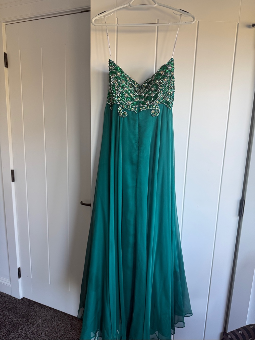 Angela & Alison Teal Beaded Spaghetti-Strap Prom Gown
